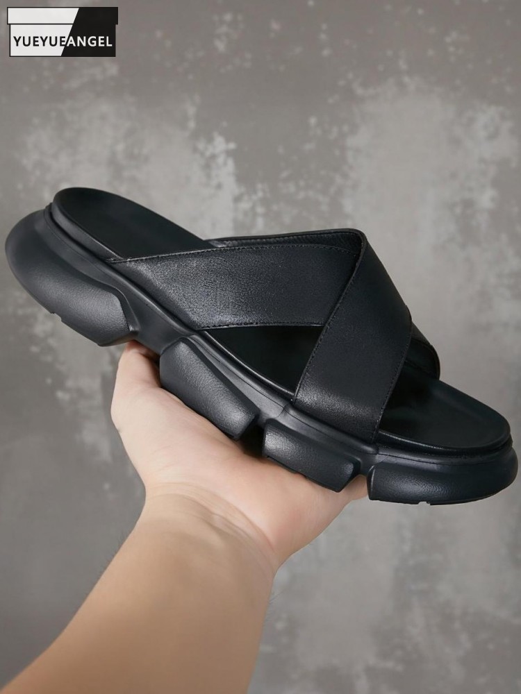 Men Shoes Size Chart - Trendige männliche Rindsleder-Plattform-Höhenerhöhung, einfarbige Hausschuhe aus