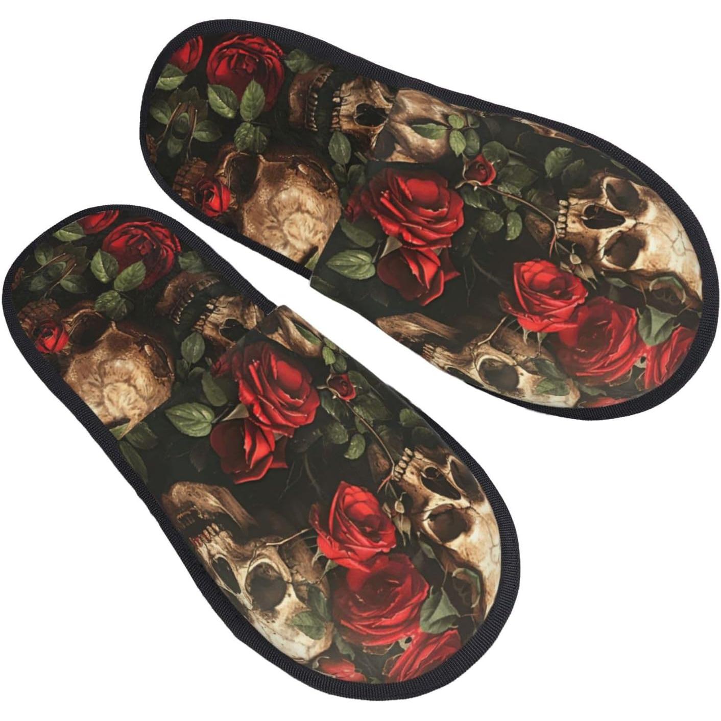Men Shoes Red - Totenkopf- und rote Rosendruck, flauschige Hausschuhe